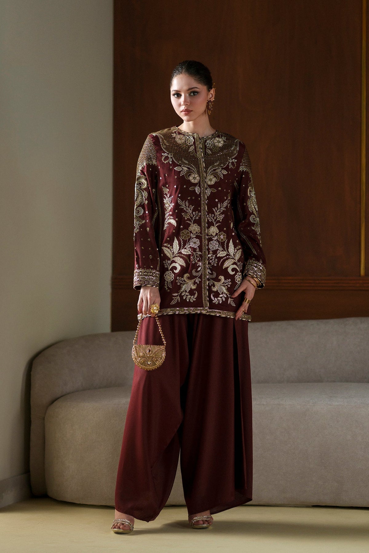 Ethnc | Luxe Boutique | Embroidered Suit (E1077/104/415)-Brand:Ethnc-Type:Boutique-Burgundy - House of Maryam- Buy in UK, USA