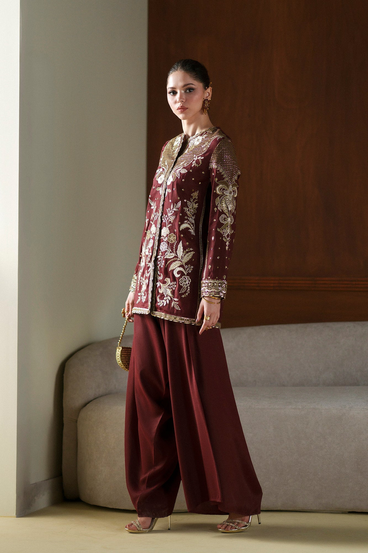 Ethnc | Luxe Boutique | Embroidered Suit (E1077/104/415)-Brand:Ethnc-Type:Boutique-Burgundy - House of Maryam- Buy in UK, USA