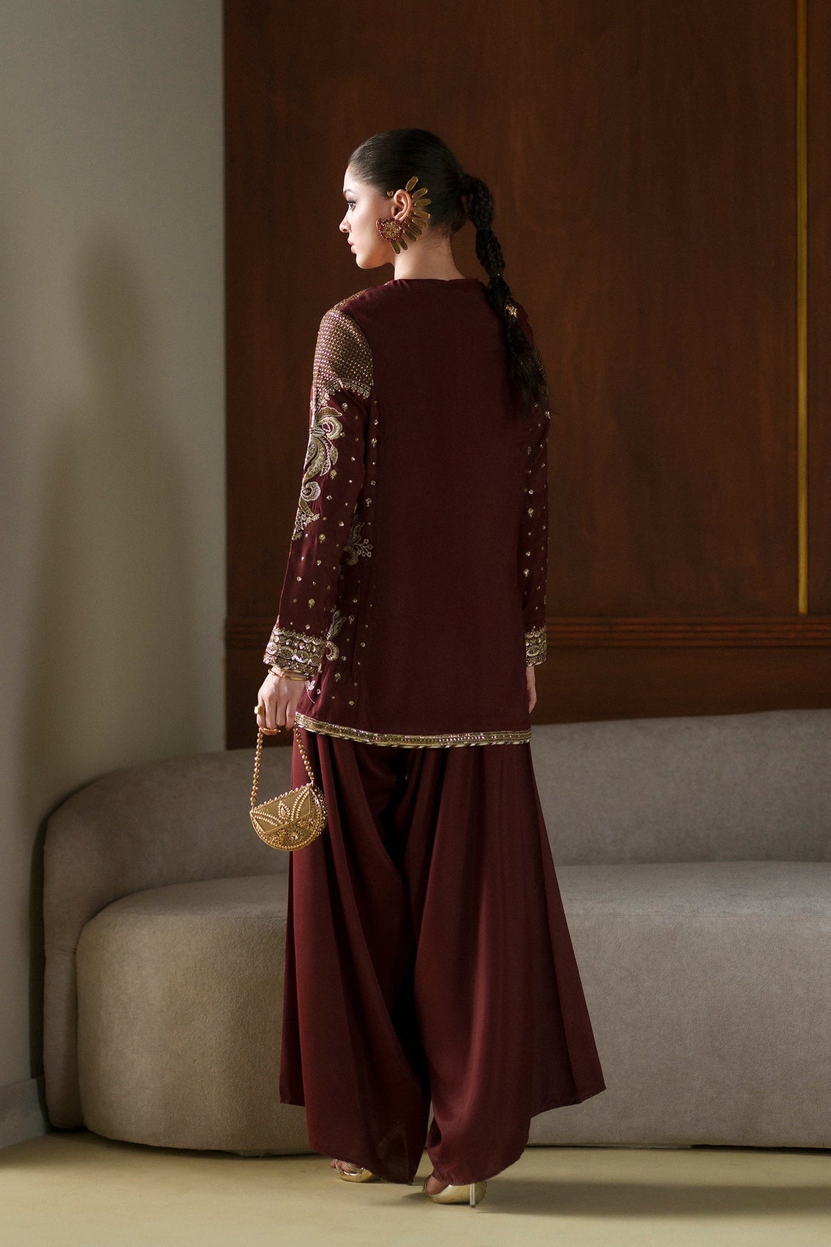 Ethnc | Luxe Boutique | Embroidered Suit (E1077/104/415)-Brand:Ethnc-Type:Boutique-Burgundy - House of Maryam- Buy in UK, USA