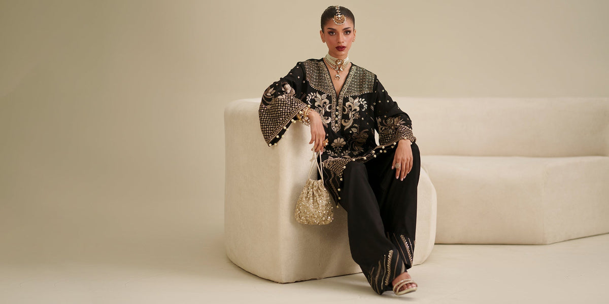 Ethnc | Luxe Boutique | Embroidered Suit (E1082/104/902)-Brand:Ethnc-Type:Boutique-Jet Black - House of Maryam- Buy in UK, USA