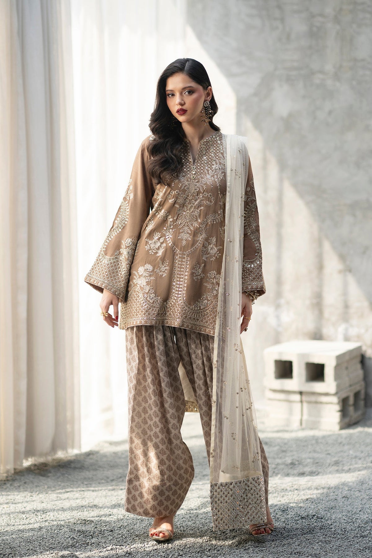 Ethnc | Luxe Boutique | Embroidered Suit (E1086/104/111)-Brand:Ethnc-Type:Boutique-Yellow Beige - House of Maryam- Buy in UK, USA