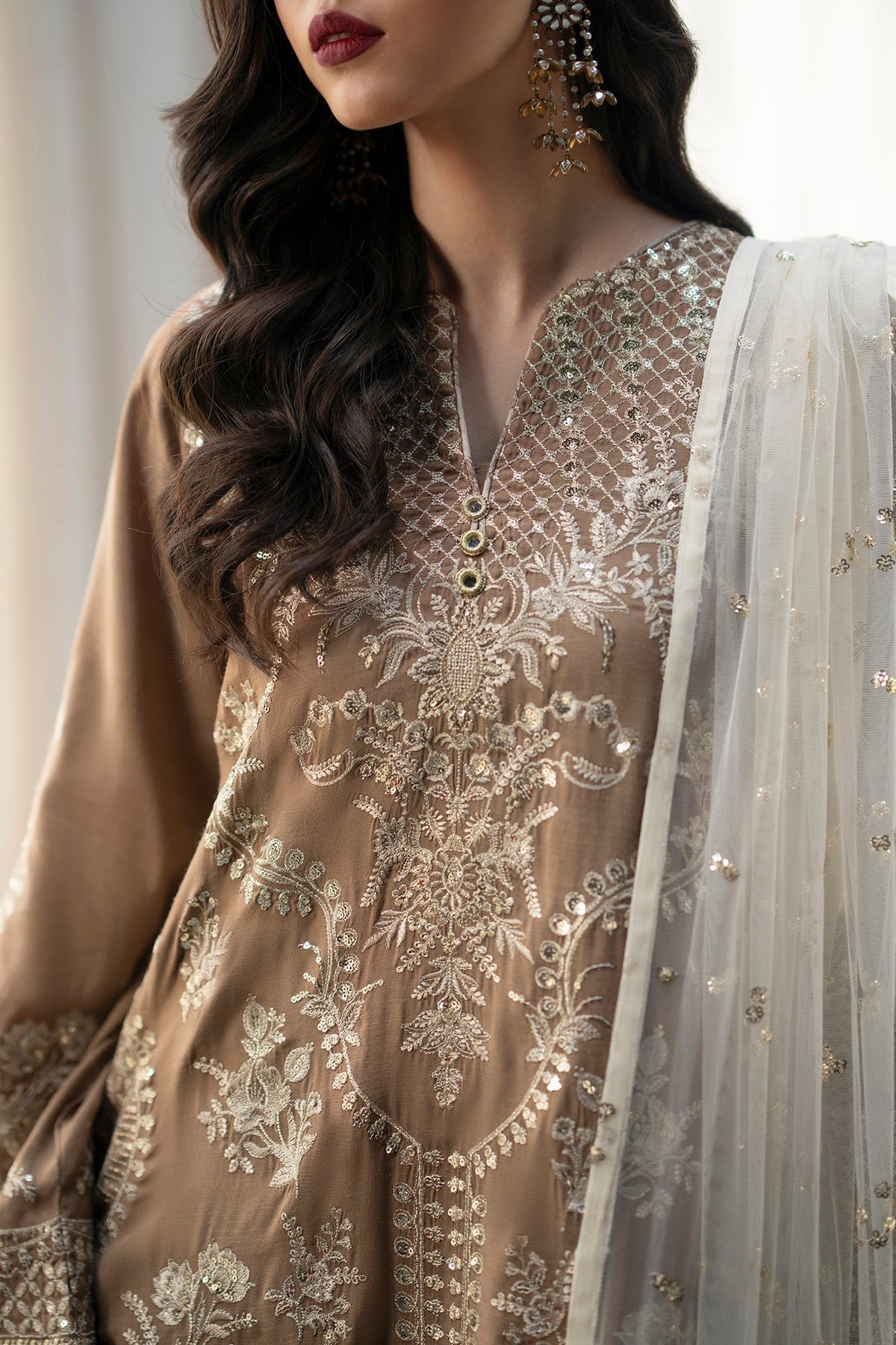 Ethnc | Luxe Boutique | Embroidered Suit (E1086/104/111)-Brand:Ethnc-Type:Boutique-Yellow Beige - House of Maryam- Buy in UK, USA