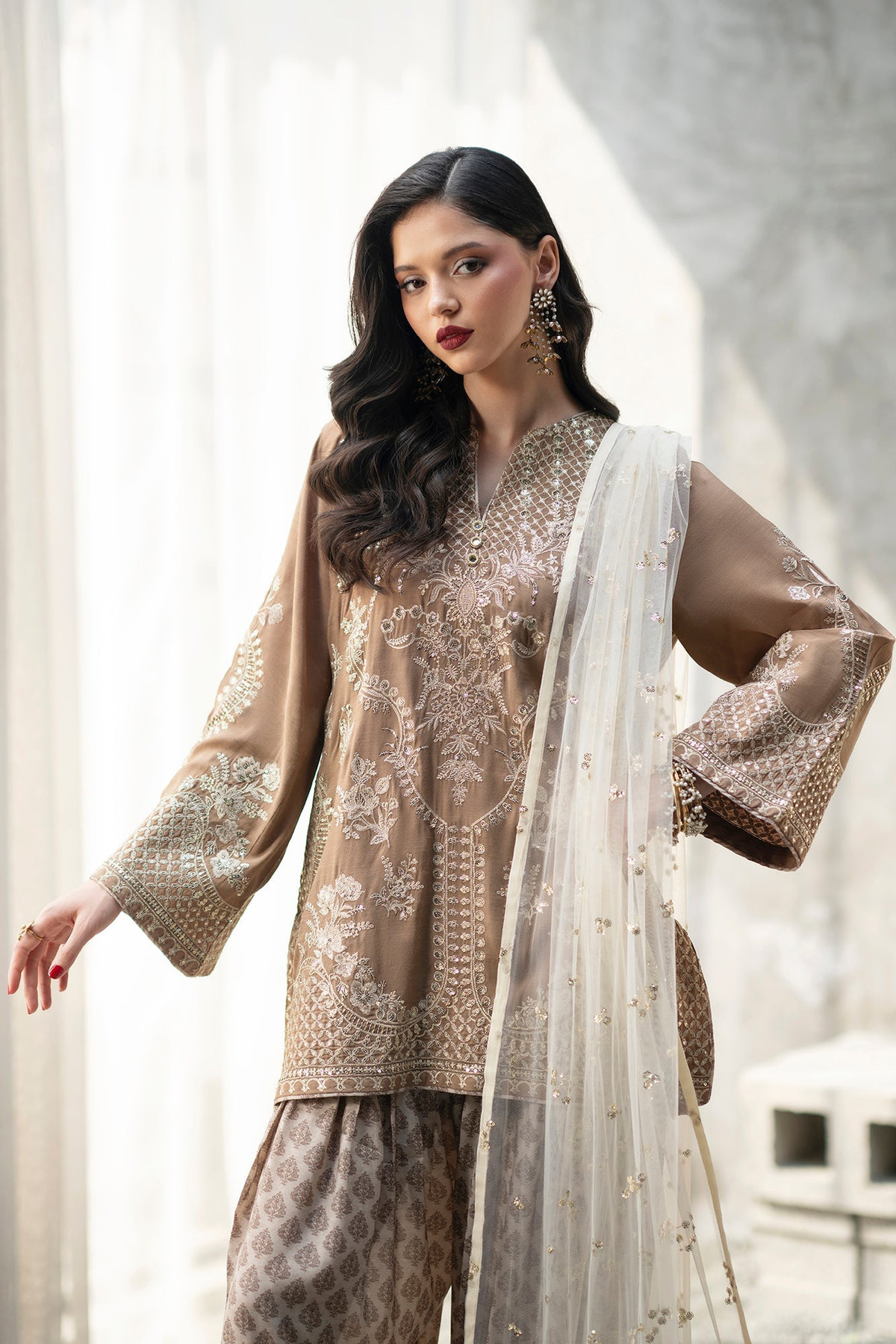 Ethnc | Luxe Boutique | Embroidered Suit (E1086/104/111)-Brand:Ethnc-Type:Boutique-Yellow Beige - House of Maryam- Buy in UK, USA
