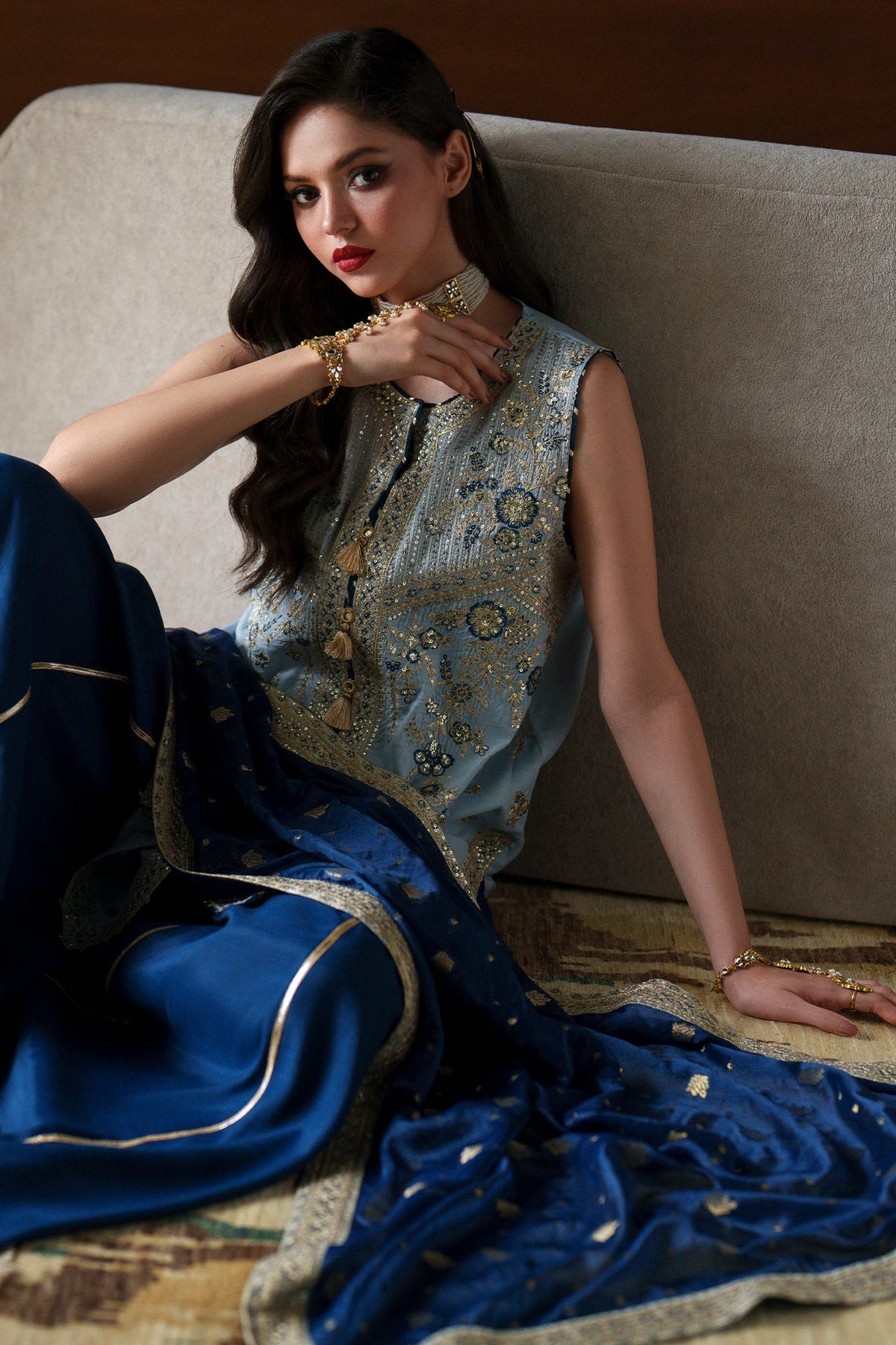 Ethnc | Luxe Boutique | Embroidered Suit (E1100/104/913)-Brand:Ethnc-Type:Boutique-Light Grey - House of Maryam- Buy in UK, USA
