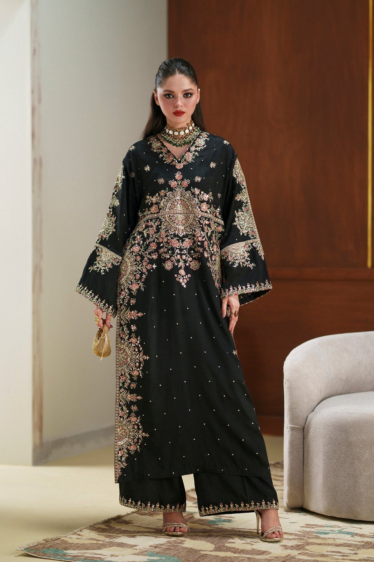 Ethnc | Luxe Boutique | Embroidered Suit (E1104/104/902)-Brand:Ethnc-Type:Boutique-Jet Black - House of Maryam- Buy in UK, USA