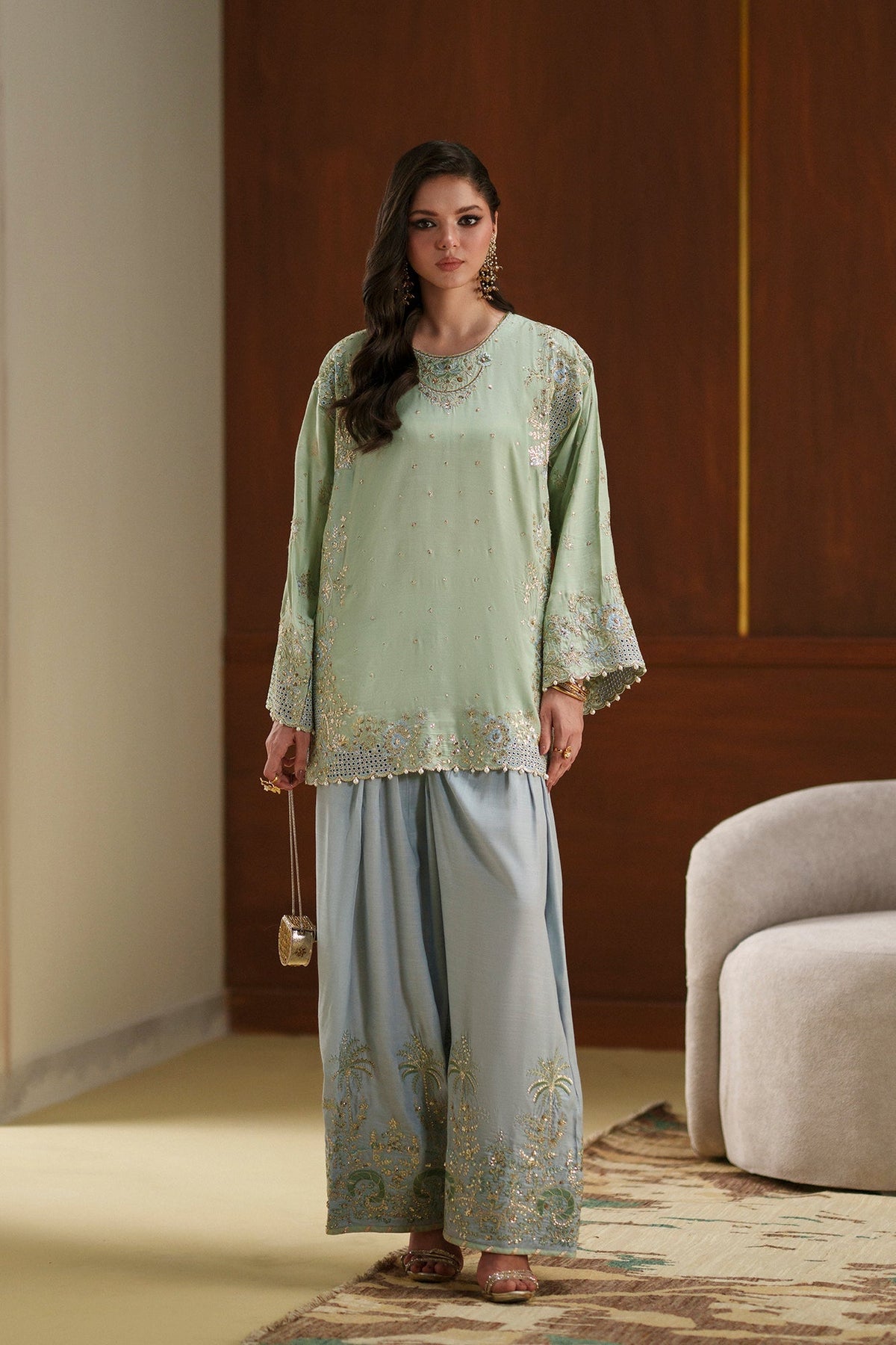 Ethnc | Luxe Boutique | Embroidered Suit (E1124/104/721)-Brand:Ethnc-Type:Boutique-Pastel Green - House of Maryam- Buy in UK, USA