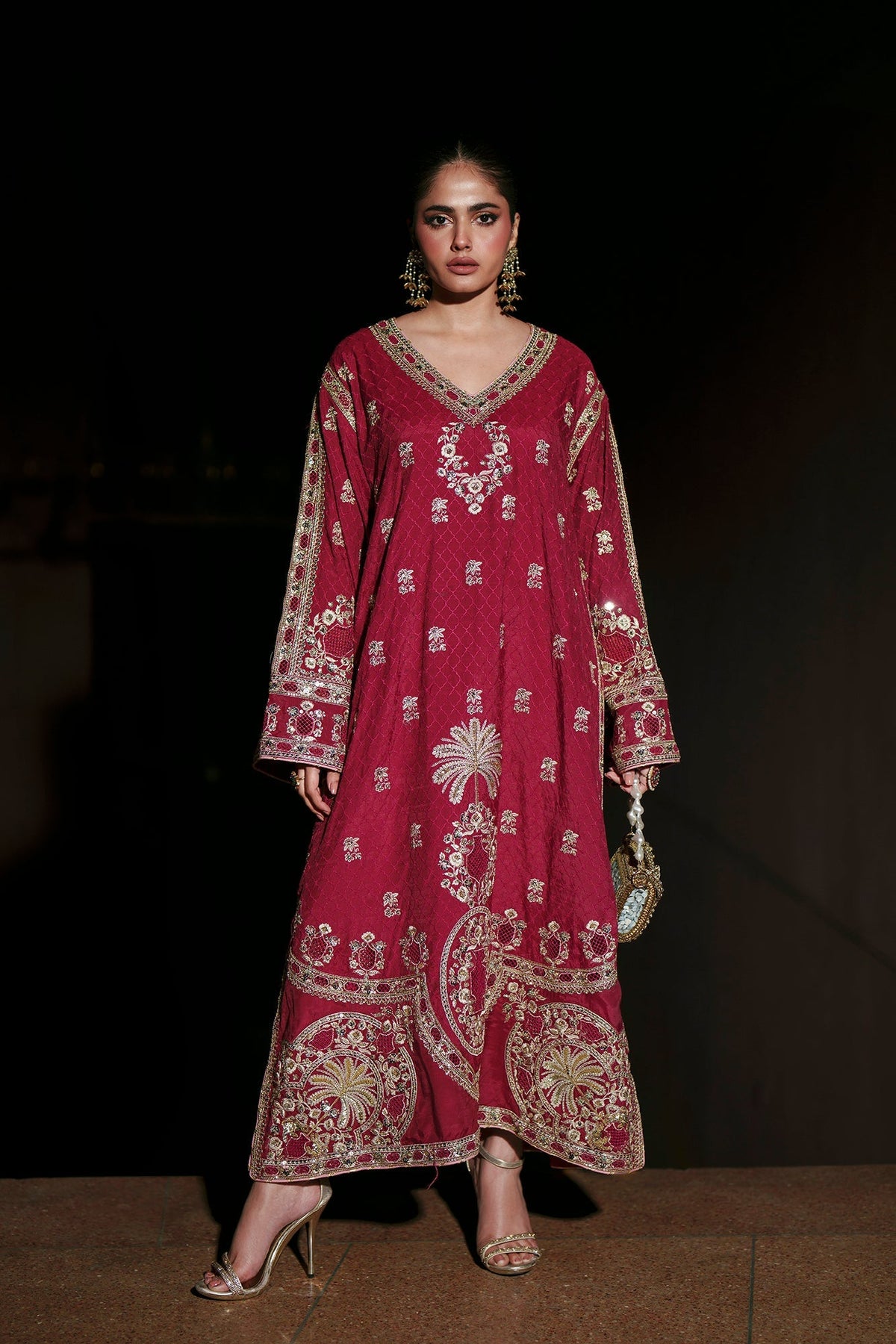 Ethnc | Luxe Boutique | Kaftan (E1011/104/306)-Brand:Ethnc-Type:Boutique-Cherry Red - House of Maryam- Buy in UK, USA