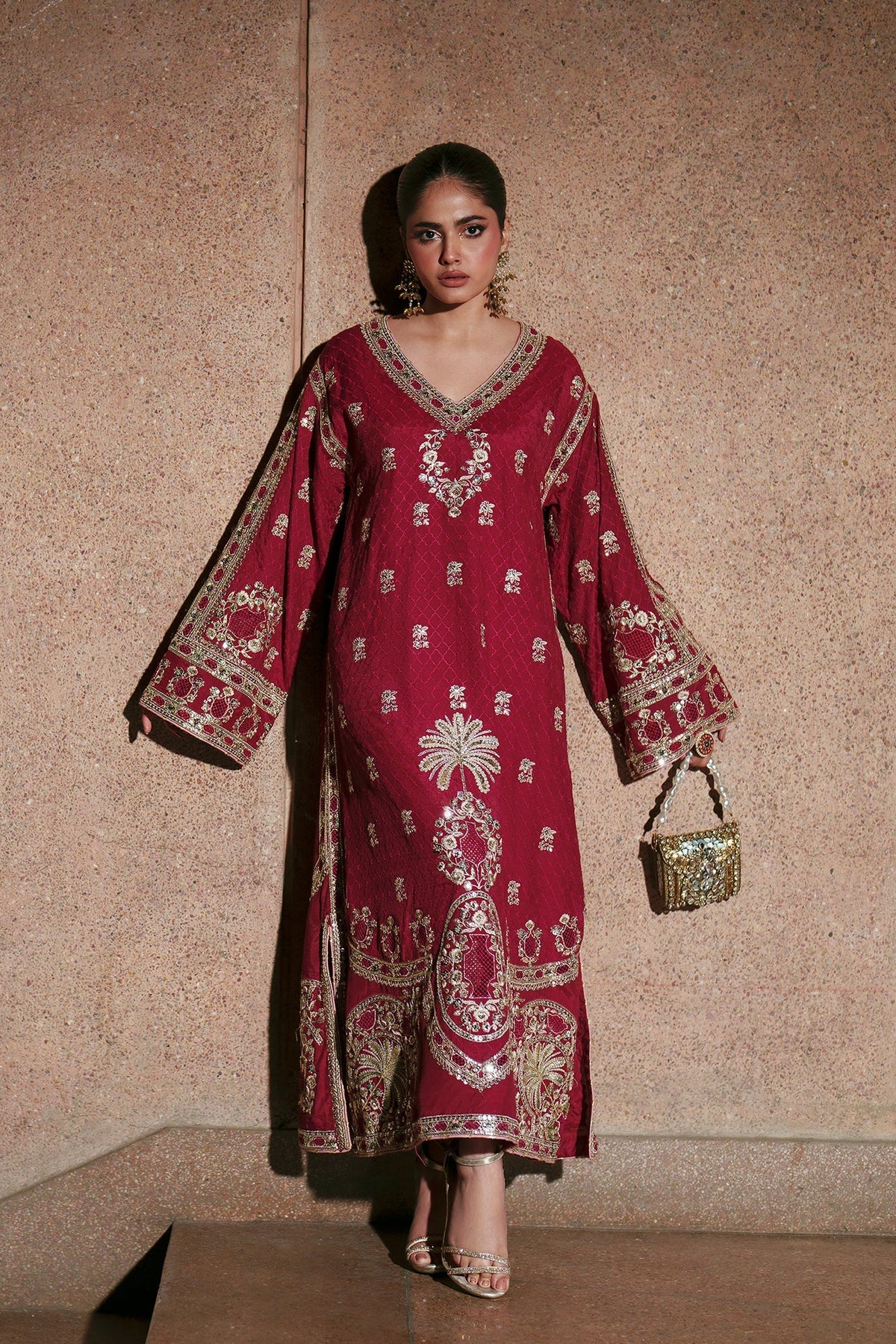 Ethnc | Luxe Boutique | Kaftan (E1011/104/306)-Brand:Ethnc-Type:Boutique-Cherry Red - House of Maryam- Buy in UK, USA