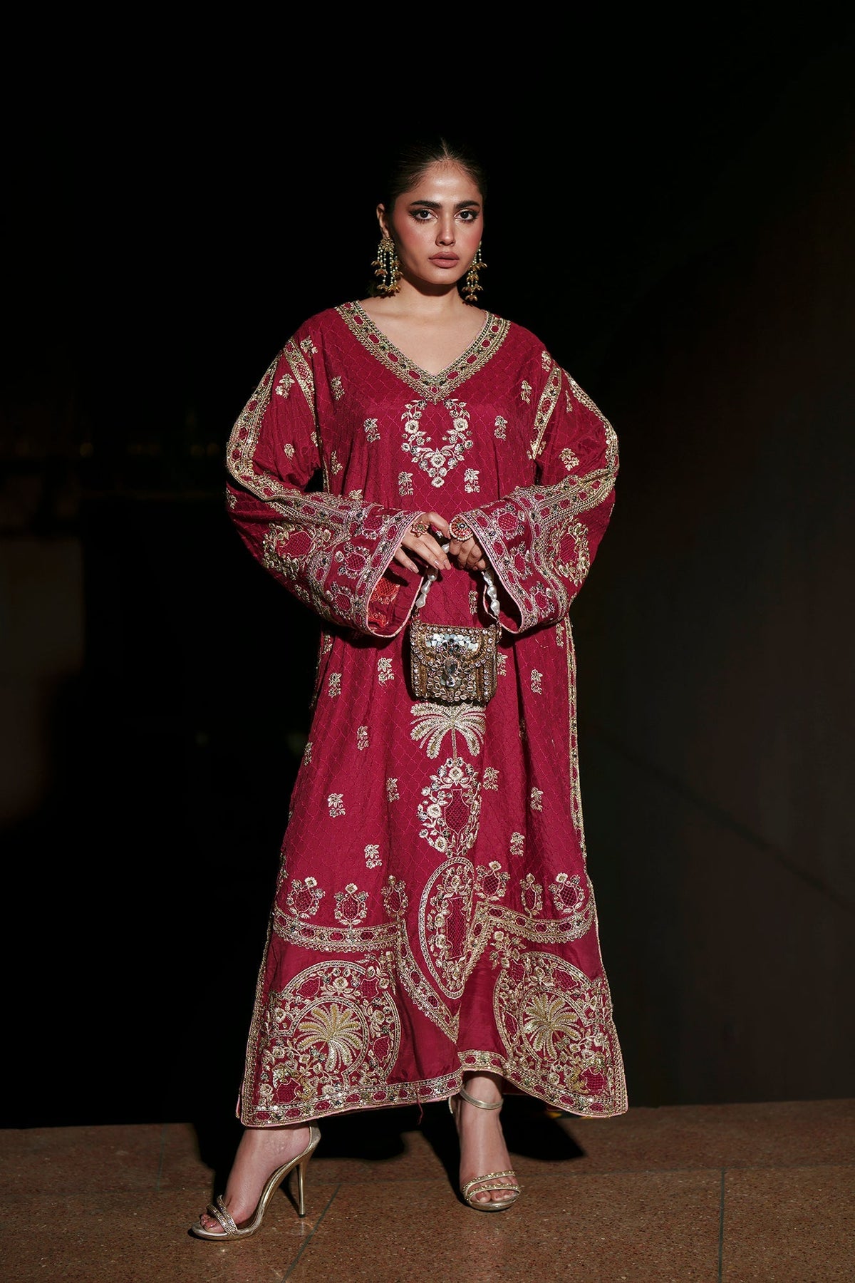 Ethnc | Luxe Boutique | Kaftan (E1011/104/306)-Brand:Ethnc-Type:Boutique-Cherry Red - House of Maryam- Buy in UK, USA