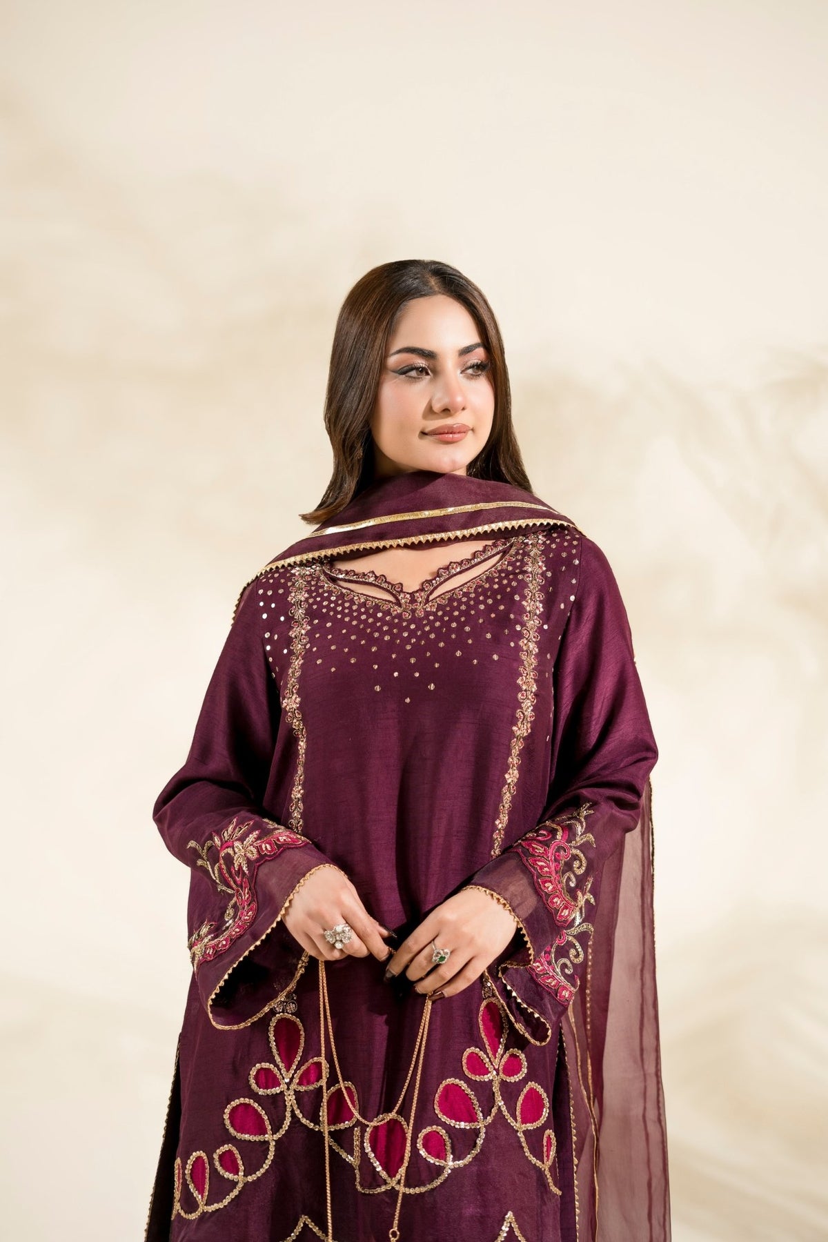 Faiza Faisal | Elara Luxury Pret | PLUM ROYALE-Brand:Faiza Faisal-Type:Ladies Clothes-Plum-Raw Silk-House of Maryam- Buy in UK, USA