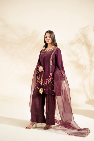 Faiza Faisal | Elara Luxury Pret | PLUM ROYALE-Brand:Faiza Faisal-Type:Ladies Clothes-Plum-Raw Silk-House of Maryam- Buy in UK, USA