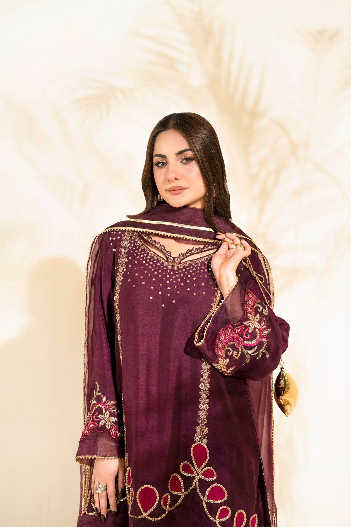 Faiza Faisal | Elara Luxury Pret | PLUM ROYALE-Brand:Faiza Faisal-Type:Ladies Clothes-Plum-Raw Silk-House of Maryam- Buy in UK, USA