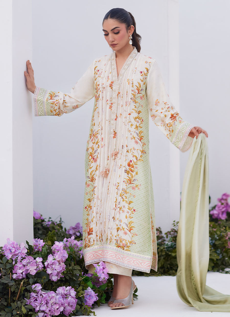 Farah Talib Aziz | Zaza Prints 24 | SAGE TRELLIS SHIRT AND DUPATTA -  Farah Talib Aziz Luxury - Original Designer Dress - House of Maryam