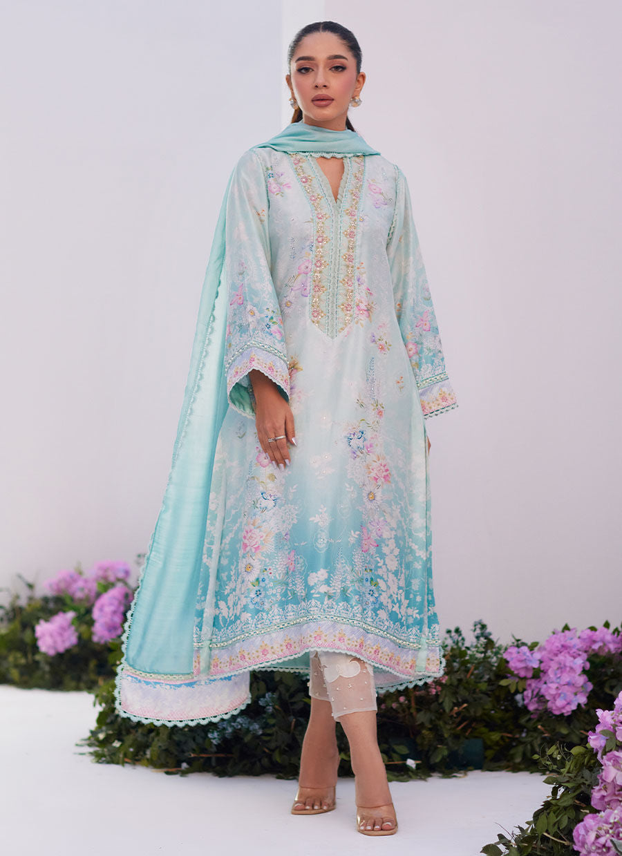 Farah Talib Aziz | Zaza Prints 24 | CYAN OMBRE SHIRT AND DUPATTA by Designer Farah Talib Aziz - House of Maryam - Pakistani Designer Ethnic Wear in {{ shop.shopifyCountryName }}