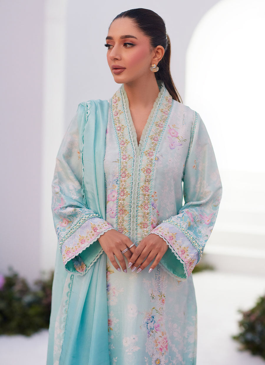 Farah Talib Aziz | Zaza Prints 24 | CYAN OMBRE SHIRT AND DUPATTA -  Farah Talib Aziz Luxury - Original Designer Dress - House of Maryam