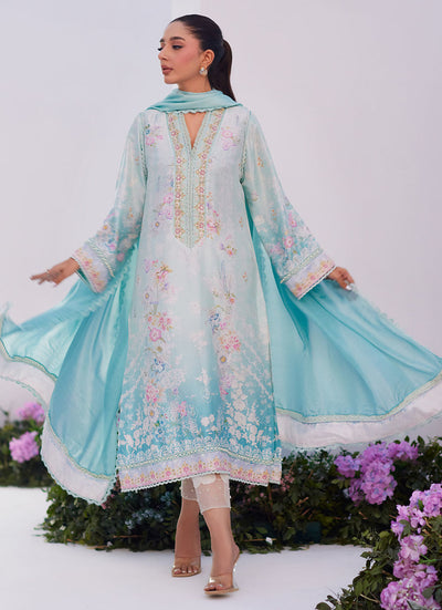 Farah Talib Aziz | Zaza Prints 24 | CYAN OMBRE SHIRT AND DUPATTA -  Farah Talib Aziz Luxury - Original Designer Dress - House of Maryam