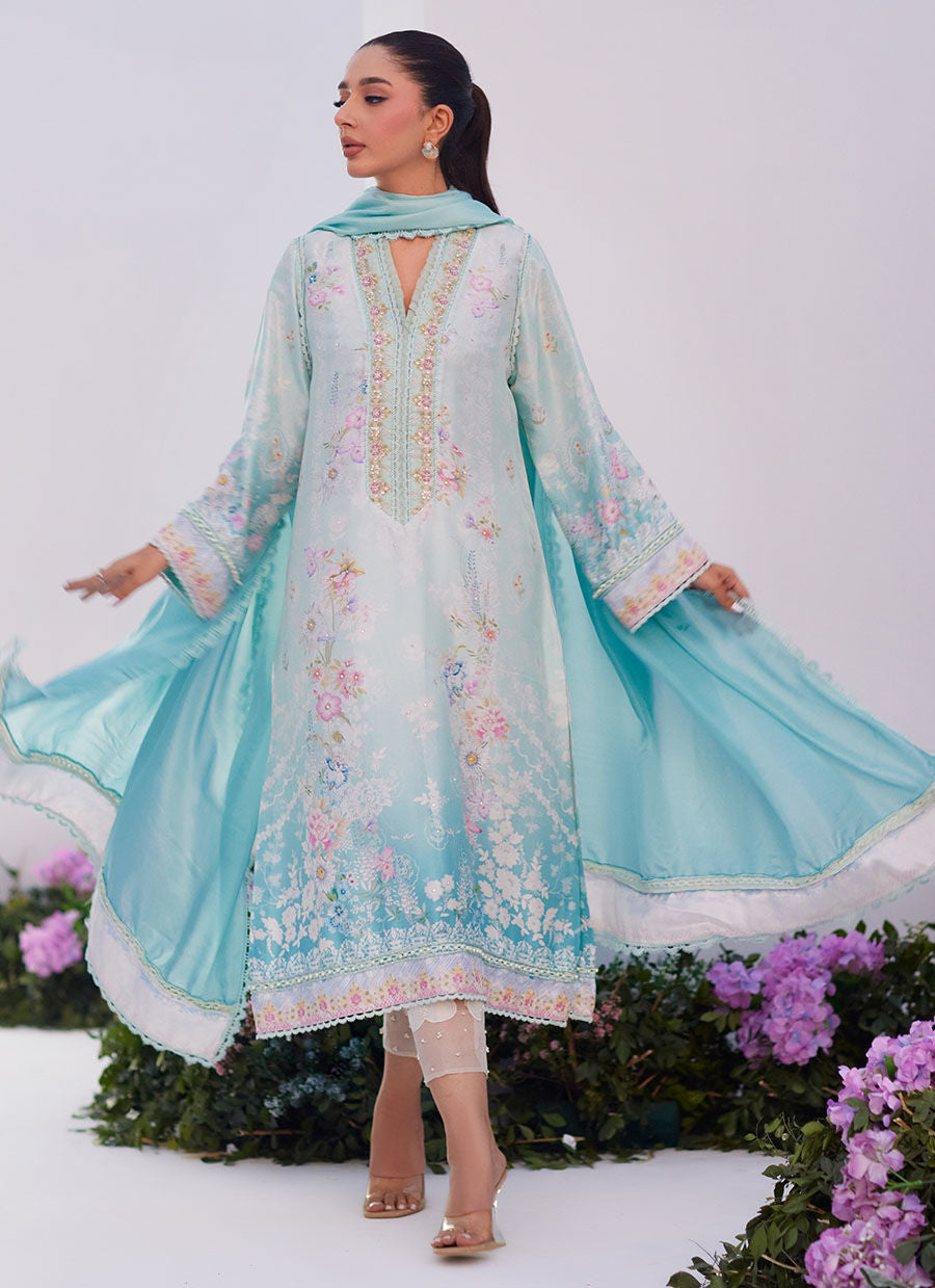 Farah Talib Aziz | Zaza Prints 24 | CYAN OMBRE SHIRT AND DUPATTA -  Farah Talib Aziz Luxury - Original Designer Dress - House of Maryam