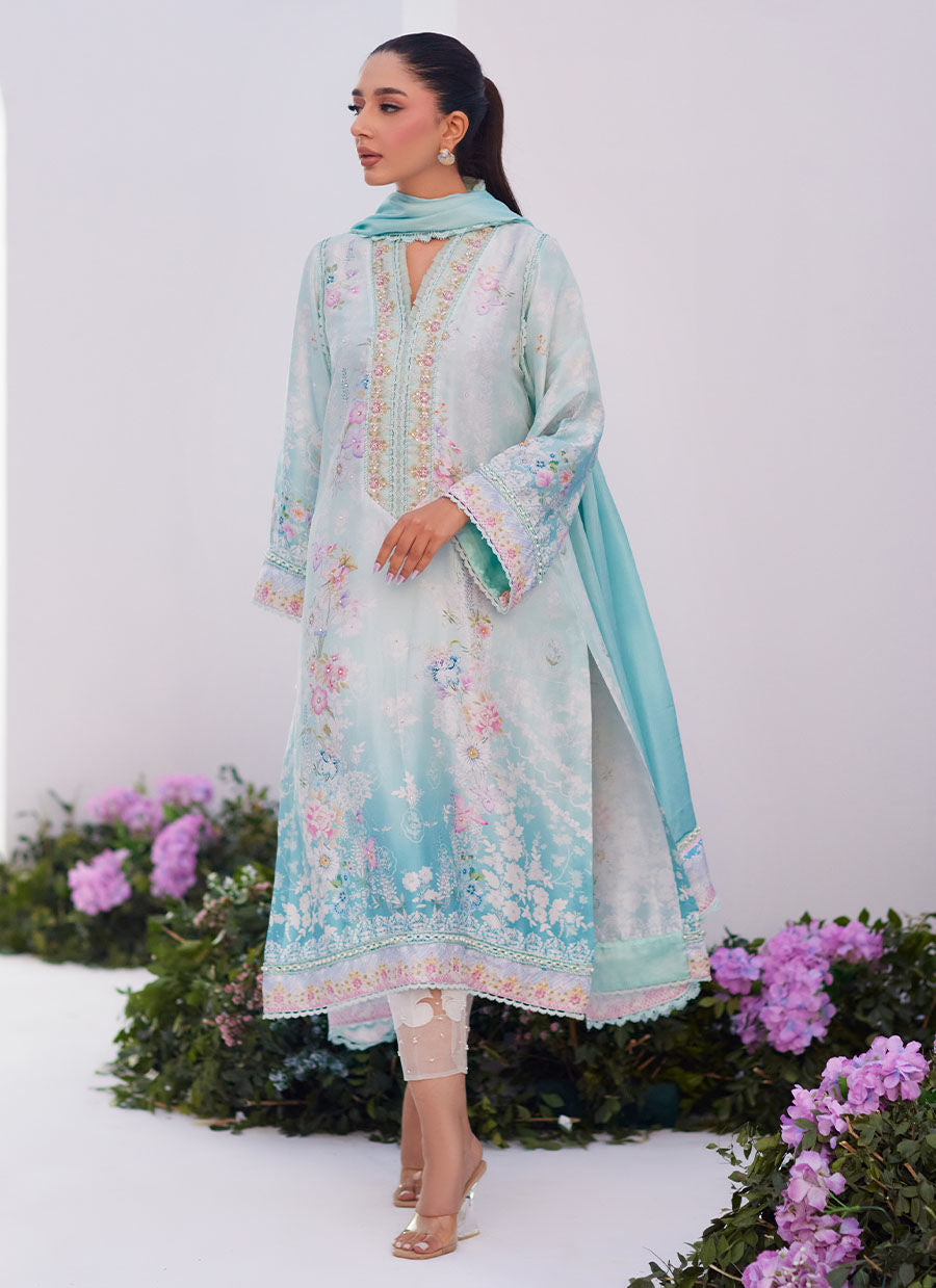 Farah Talib Aziz | Zaza Prints 24 | CYAN OMBRE SHIRT AND DUPATTA -  Farah Talib Aziz Luxury - Original Designer Dress - House of Maryam