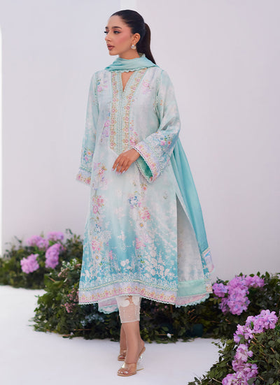 Farah Talib Aziz | Zaza Prints 24 | CYAN OMBRE SHIRT AND DUPATTA -  Farah Talib Aziz Luxury - Original Designer Dress - House of Maryam