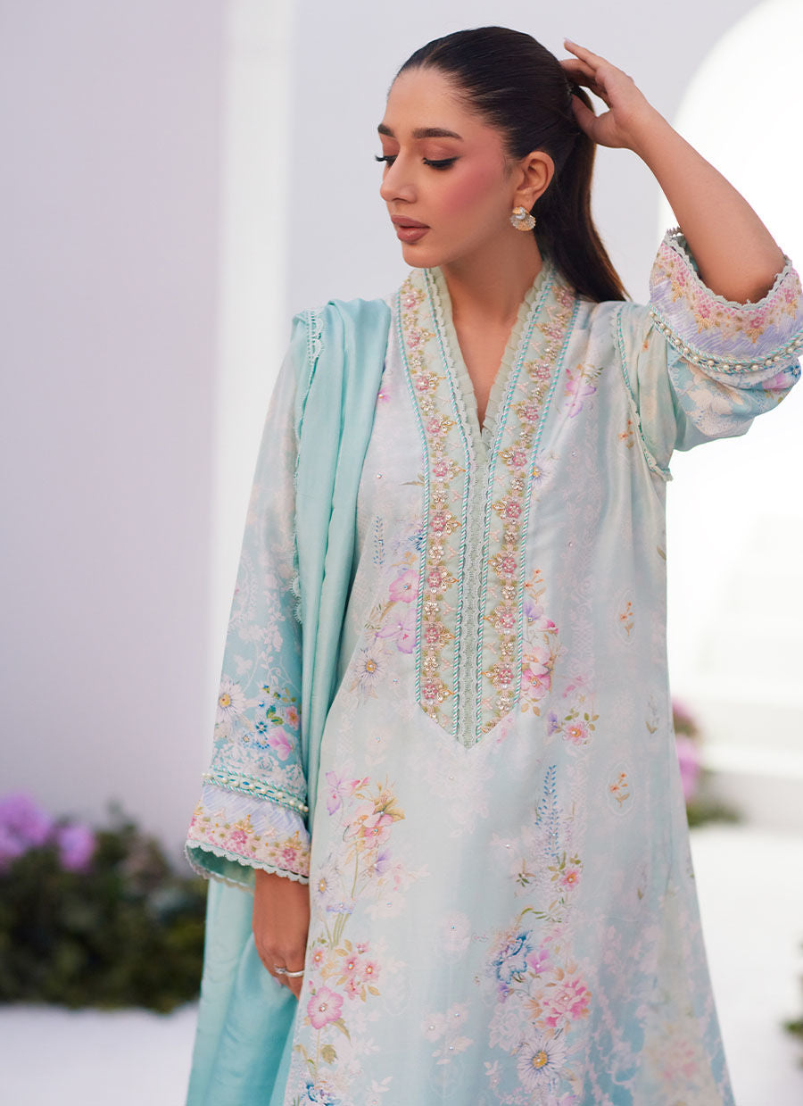 Farah Talib Aziz | Zaza Prints 24 | CYAN OMBRE SHIRT AND DUPATTA -  Farah Talib Aziz Luxury - Original Designer Dress - House of Maryam