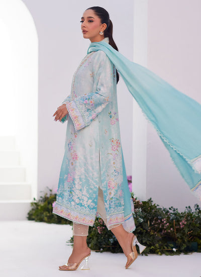 Farah Talib Aziz | Zaza Prints 24 | CYAN OMBRE SHIRT AND DUPATTA -  Farah Talib Aziz Luxury - Original Designer Dress - House of Maryam