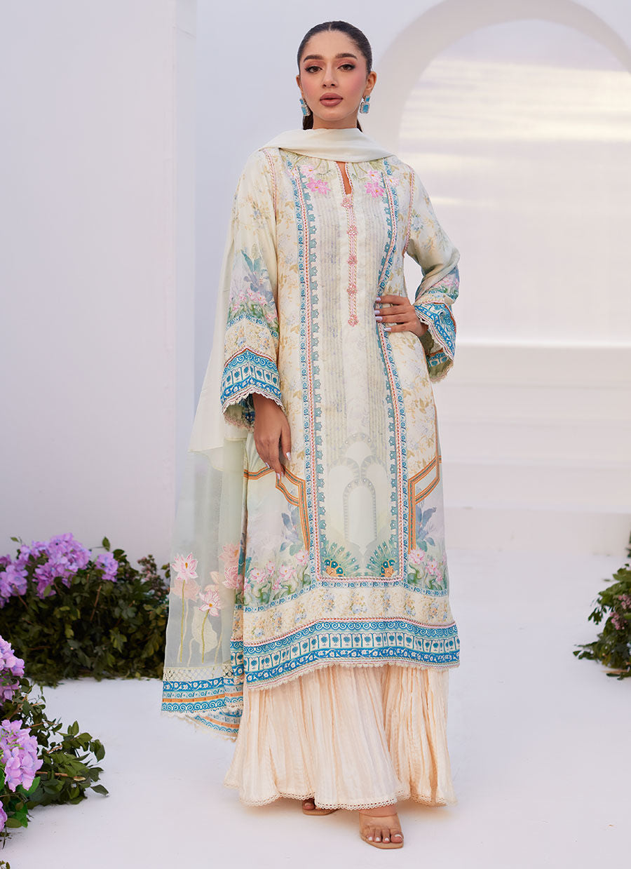 Farah Talib Aziz | Zaza Prints 24 | TURKISH AQUA SHIRT AND DUPATTA -  Farah Talib Aziz Luxury - Original Designer Dress - House of Maryam