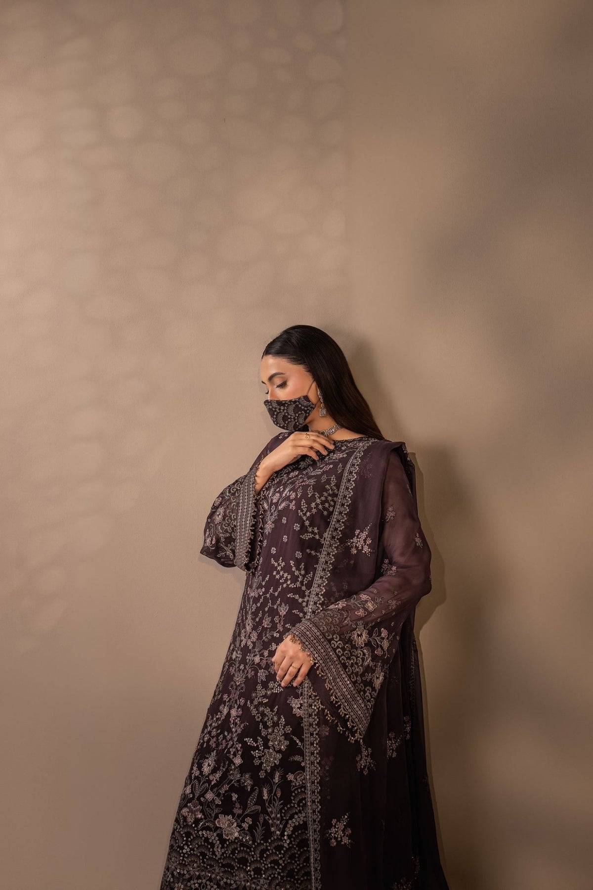 Flossie | Zeenat Formals | ZE-104-Brand:Flossie-Type:Ladies Clothes-Dark Brown-Chiffon-House of Maryam- Buy in UK, USA