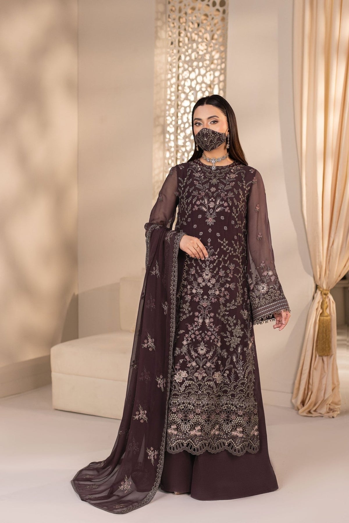 Flossie | Zeenat Formals | ZE-104-Brand:Flossie-Type:Ladies Clothes-Dark Brown-Chiffon-House of Maryam- Buy in UK, USA