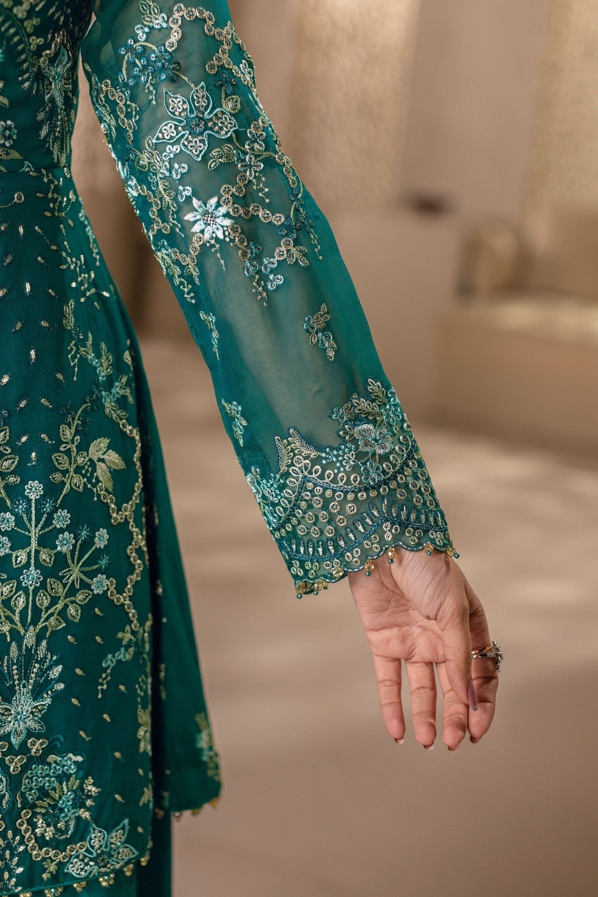 Flossie | Zeenat Formals | ZE-106 B-Brand:Flossie-Type:Ladies Clothes-Emerald Green-Chiffon-House of Maryam- Buy in UK, USA