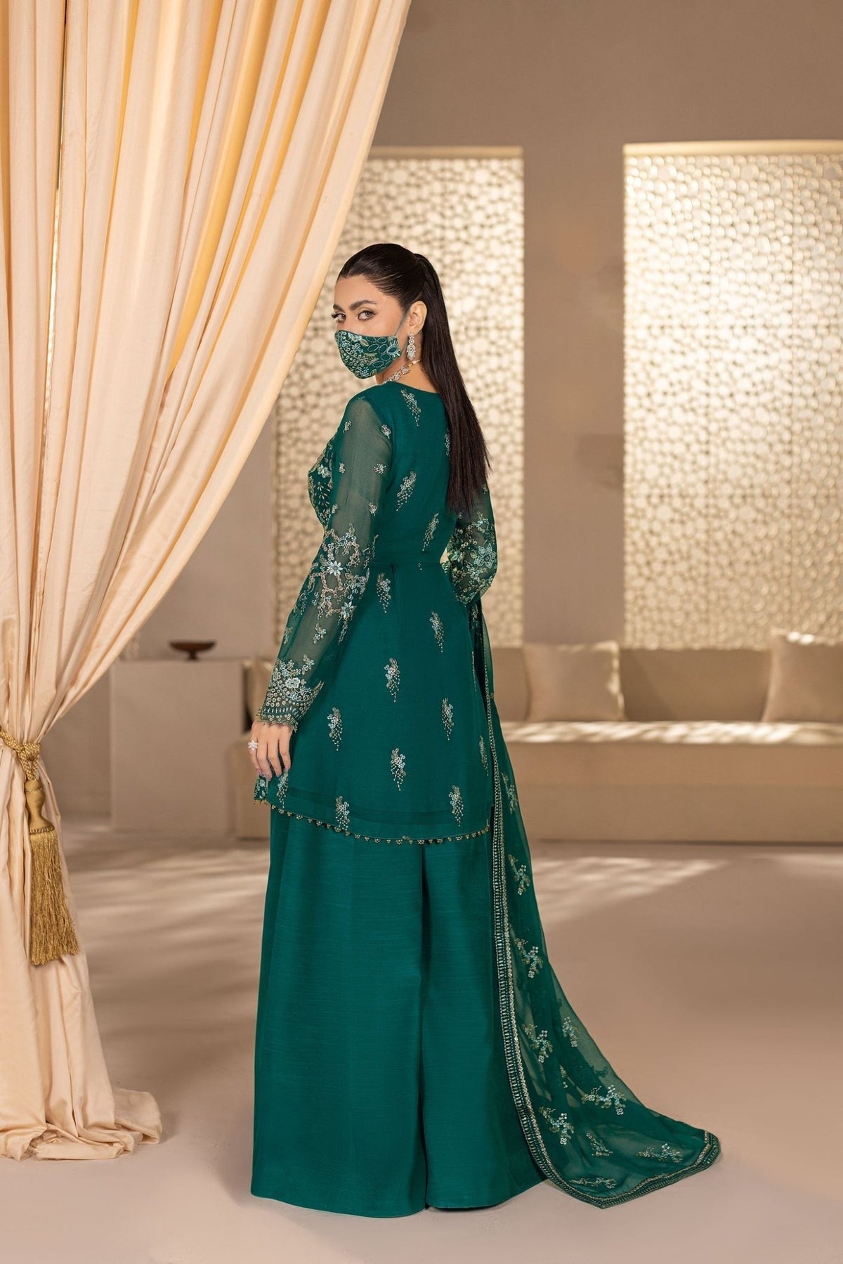Flossie | Zeenat Formals | ZE-106 B-Brand:Flossie-Type:Ladies Clothes-Emerald Green-Chiffon-House of Maryam- Buy in UK, USA