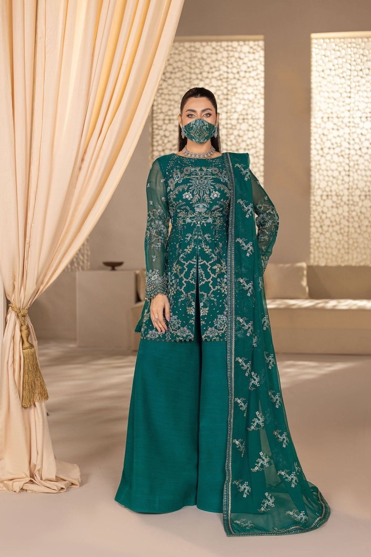 Flossie | Zeenat Formals | ZE-106-Brand:Flossie-Type:Ladies Clothes-Bottle Green-Chiffon-House of Maryam- Buy in UK, USA