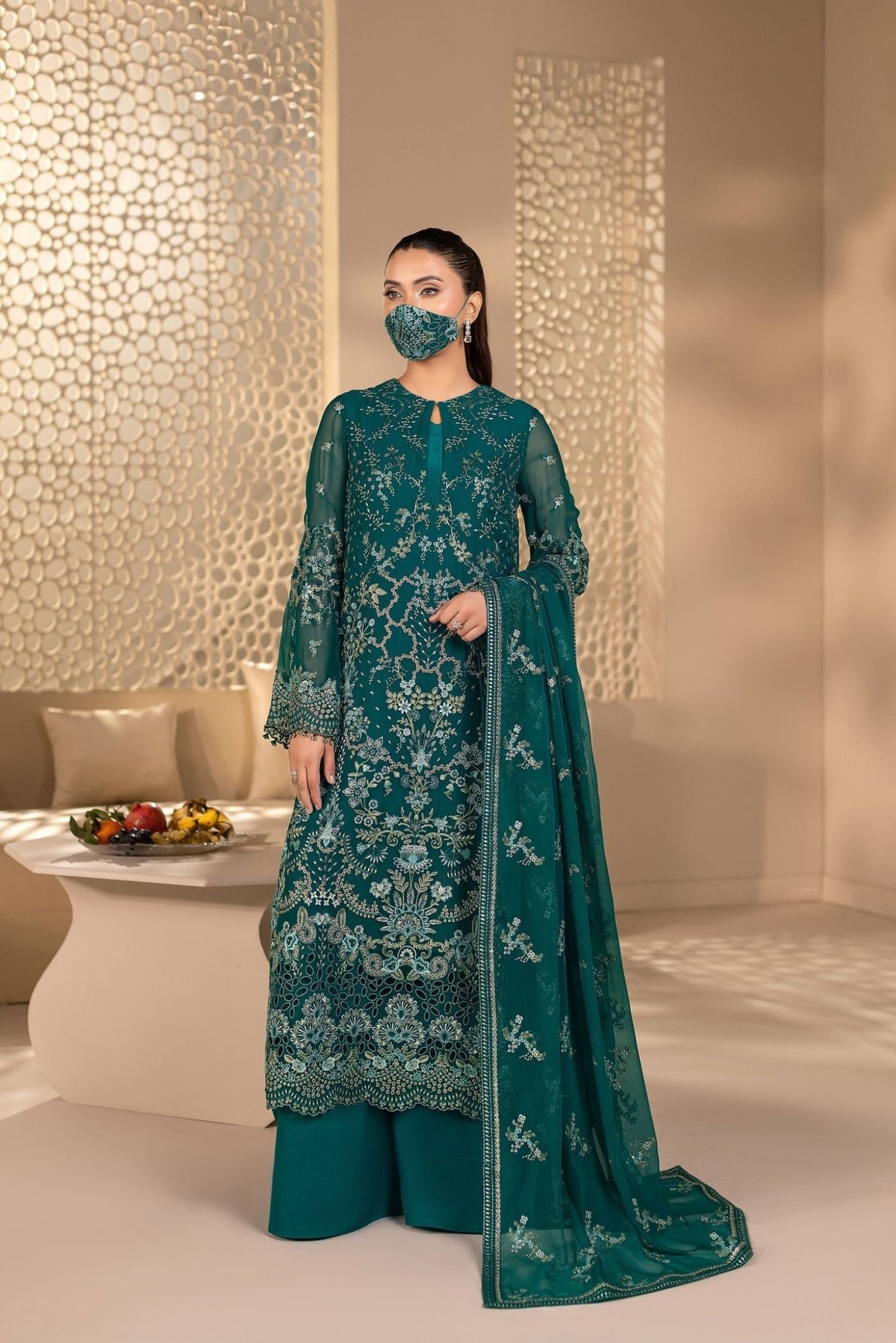 Flossie | Zeenat Formals | ZE-106-Brand:Flossie-Type:Ladies Clothes-Bottle Green-Chiffon-House of Maryam- Buy in UK, USA
