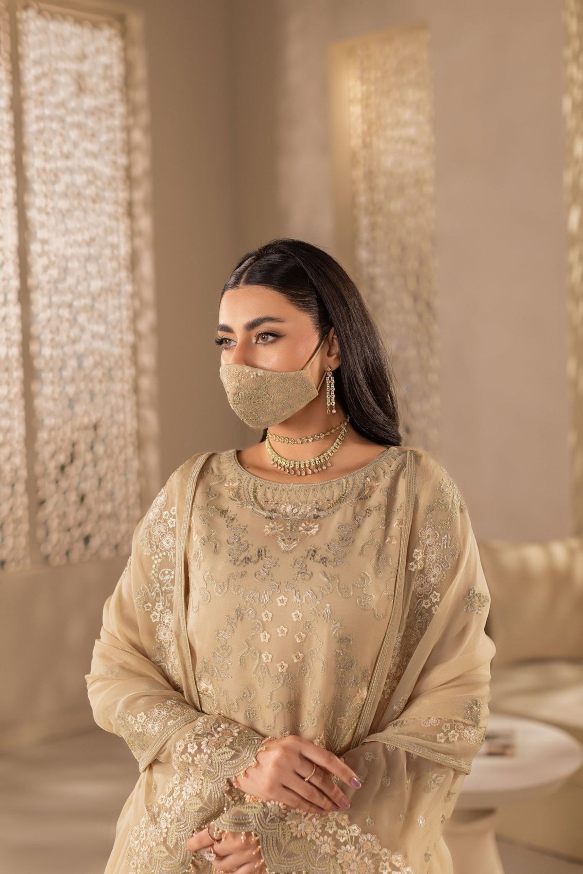 Flossie | Zeenat Formals | ZE-107-Brand:Flossie-Type:Ladies Clothes-Beige-Chiffon-House of Maryam- Buy in UK, USA