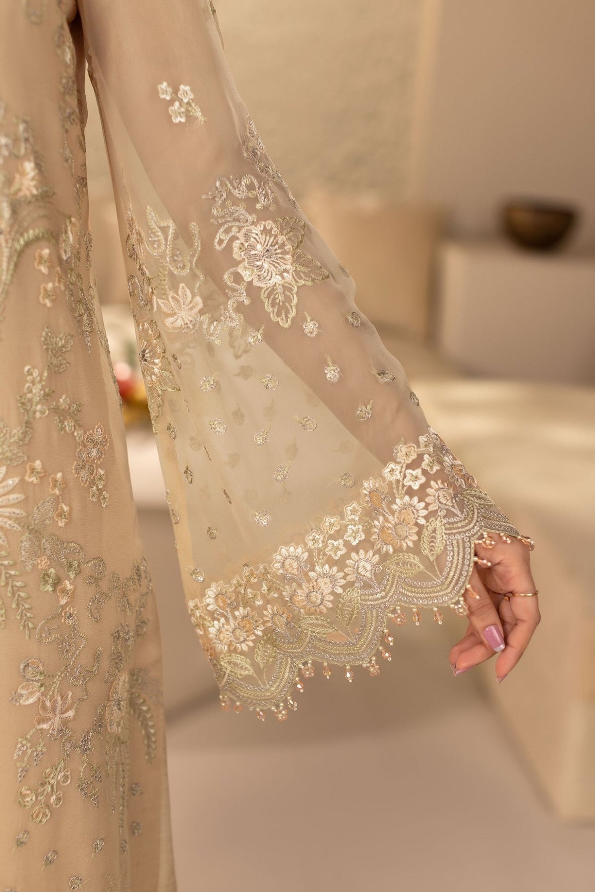 Flossie | Zeenat Formals | ZE-107-Brand:Flossie-Type:Ladies Clothes-Beige-Chiffon-House of Maryam- Buy in UK, USA