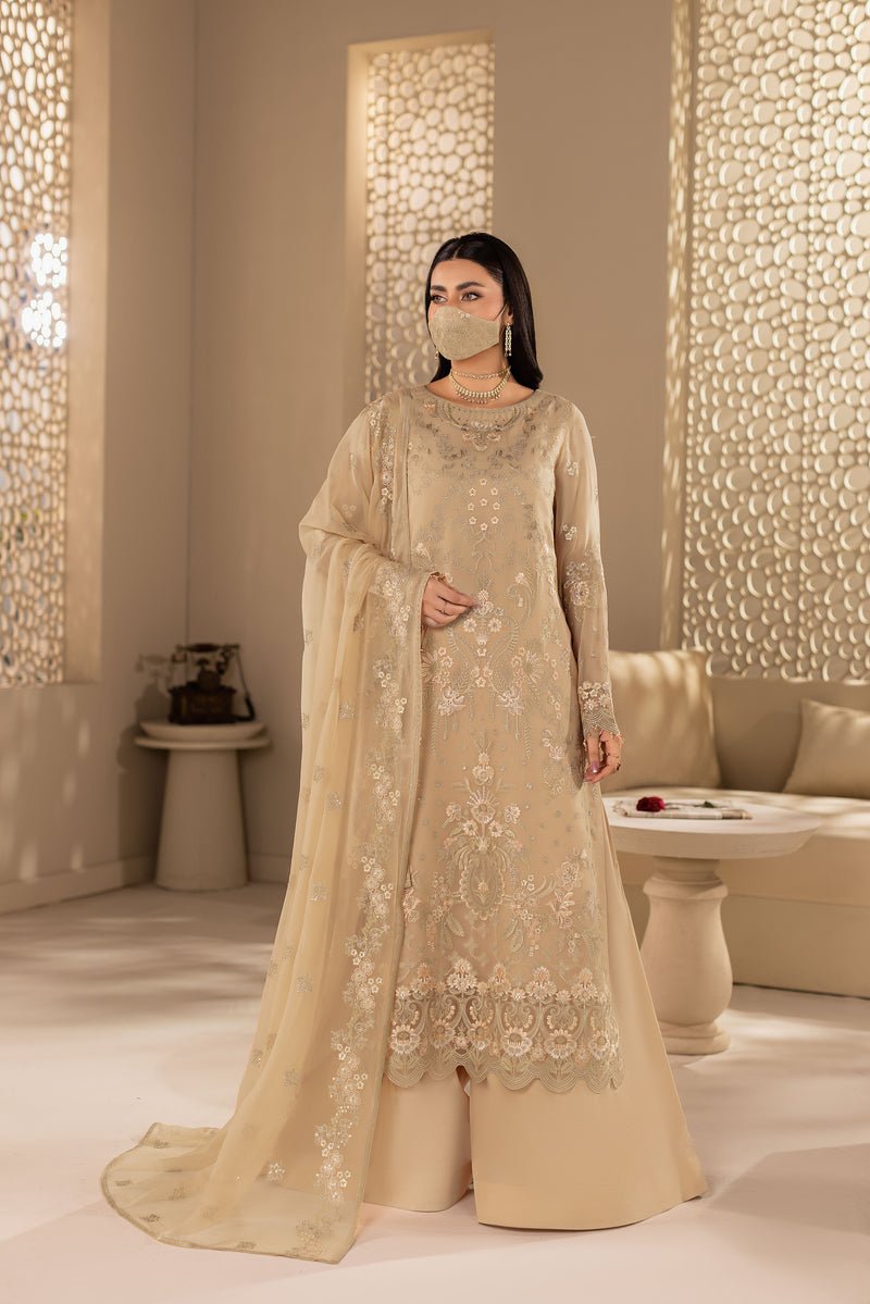 Flossie | Zeenat Formals | ZE-107-Brand:Flossie-Type:Ladies Clothes-Beige-Chiffon-House of Maryam- Buy in UK, USA