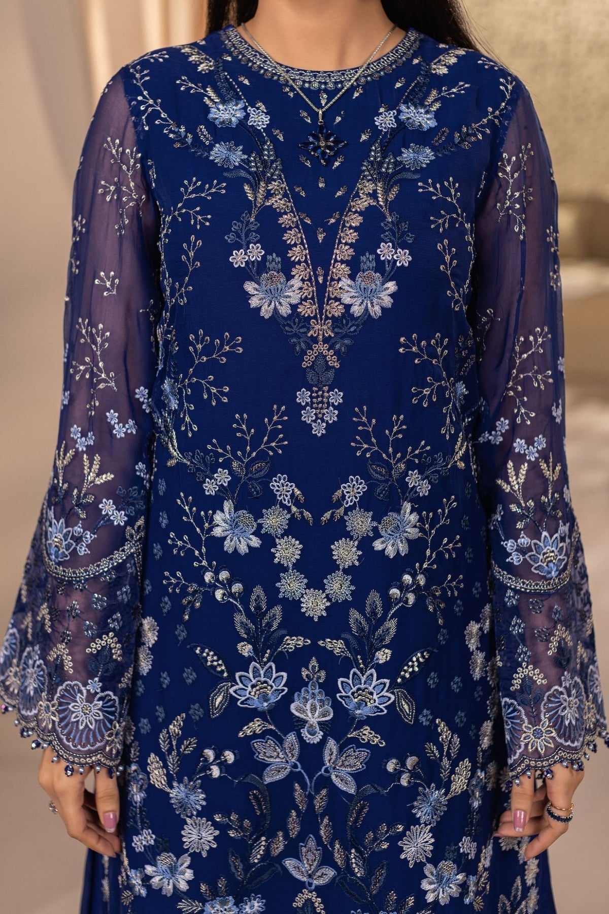 Flossie | Zeenat Formals | ZE-108-Brand:Flossie-Type:Ladies Clothes-Navy-Chiffon-House of Maryam- Buy in UK, USA