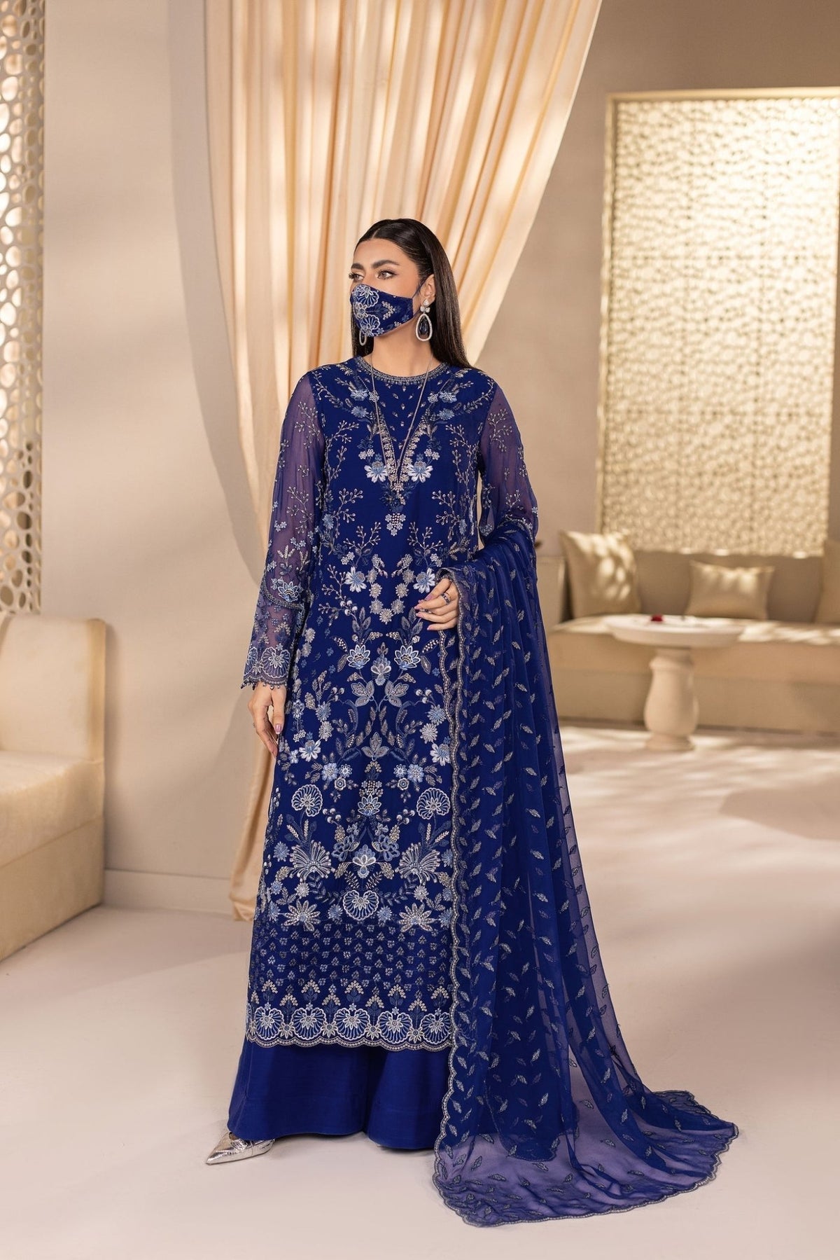 Flossie | Zeenat Formals | ZE-108-Brand:Flossie-Type:Ladies Clothes-Navy-Chiffon-House of Maryam- Buy in UK, USA