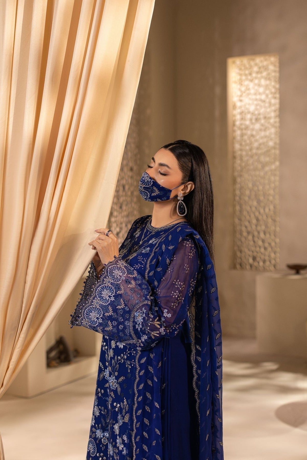 Flossie | Zeenat Formals | ZE-108-Brand:Flossie-Type:Ladies Clothes-Navy-Chiffon-House of Maryam- Buy in UK, USA