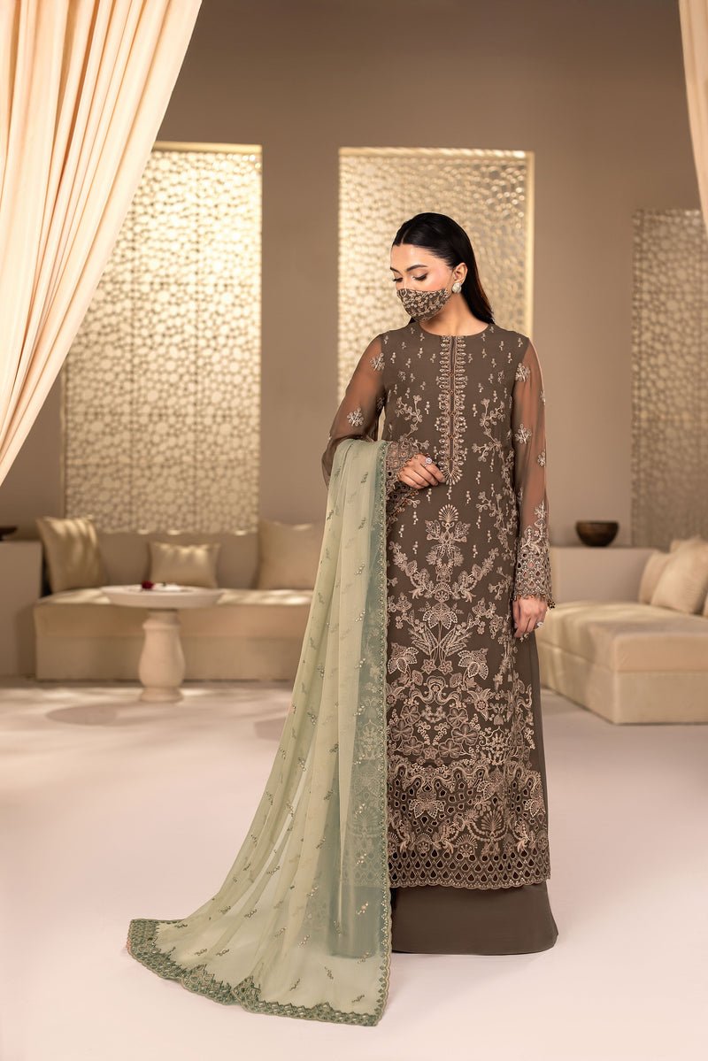 Flossie | Zeenat Formals | ZE-110-Brand:Flossie-Type:Ladies Clothes-Dull Brown-Chiffon-House of Maryam- Buy in UK, USA