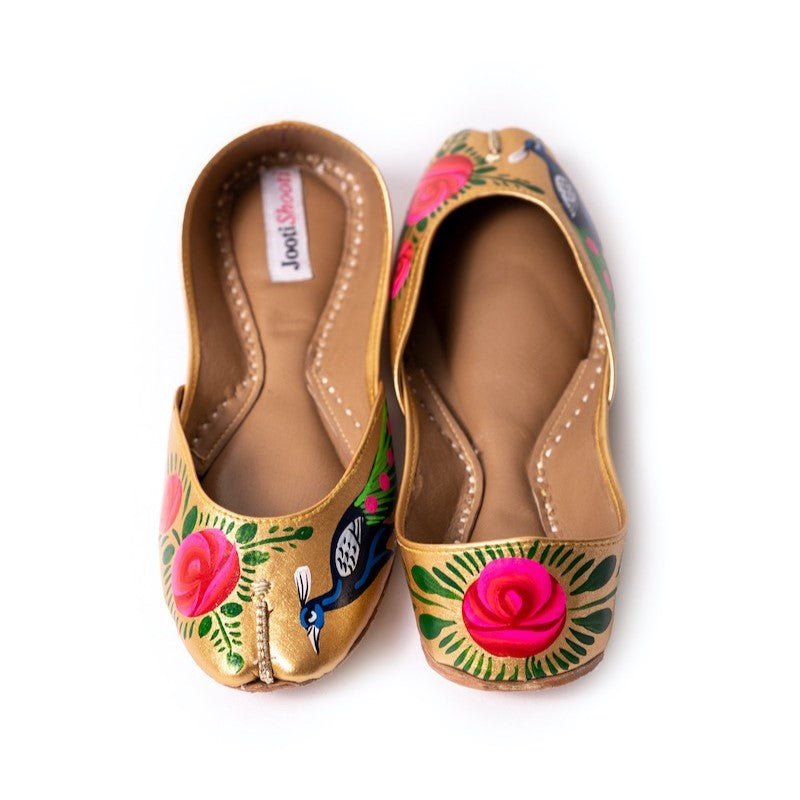 Hand Painted Mor Bagh Gold Khussa by House of Maryam - House of Maryam