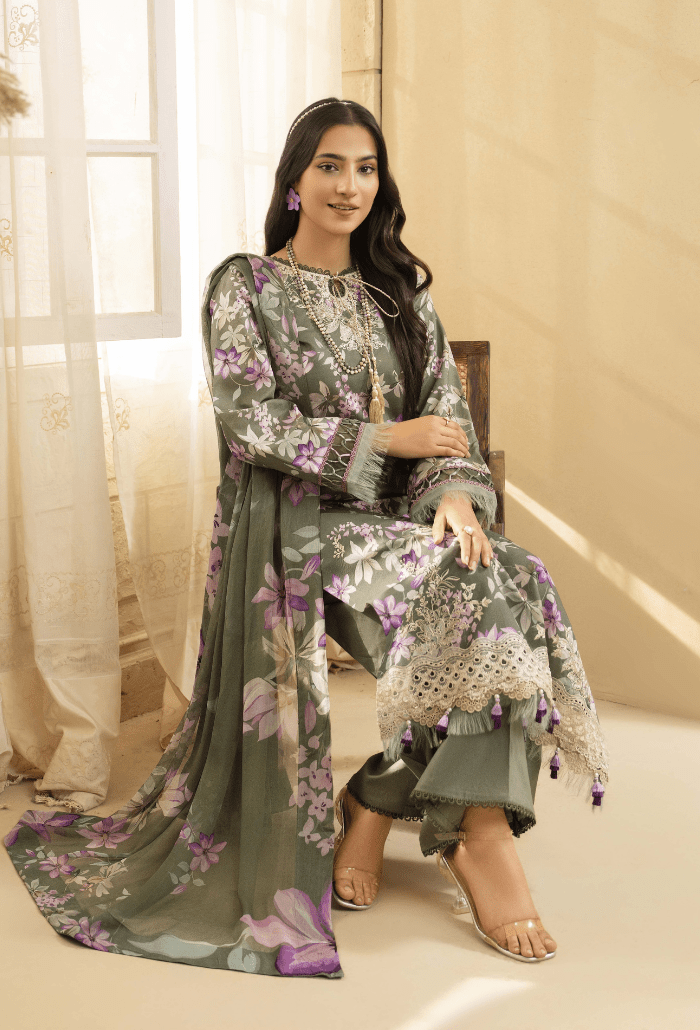 Humdum | Senora Lawn 25 | Senora - D06-Brand:Humdum-Type:Ladies Clothes-Olive Green-Lawn-House of Maryam- Buy in UK, USA
