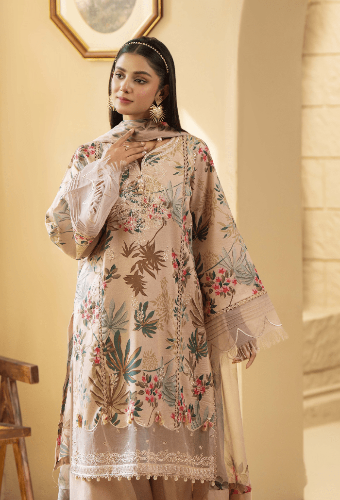 Humdum | Senora Lawn 25 | Senora - D07-Brand:Humdum-Type:Ladies Clothes-Taupe-Lawn-House of Maryam- Buy in UK, USA