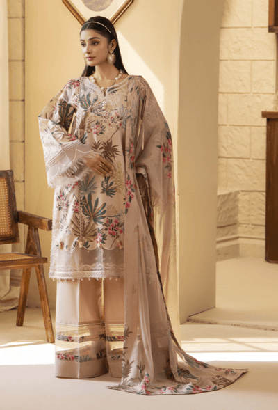 Humdum | Senora Lawn 25 | Senora - D07-Brand:Humdum-Type:Ladies Clothes-Taupe-Lawn-House of Maryam- Buy in UK, USA