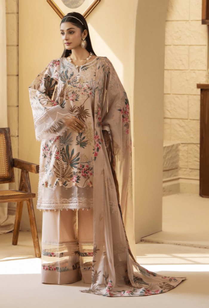 Humdum | Senora Lawn 25 | Senora - D07-Brand:Humdum-Type:Ladies Clothes-Taupe-Lawn-House of Maryam- Buy in UK, USA