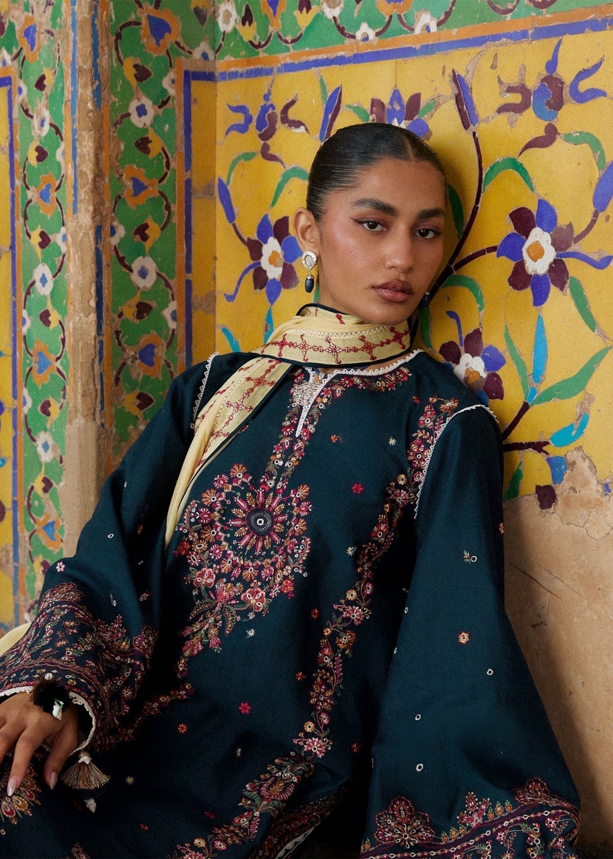 Hussain Rehar | Zan SS26 | Cinko-Brand:Hussain Rehar-Type:Ladies Clothes-Deep Teal-Lawn-House of Maryam- Buy in UK, USA