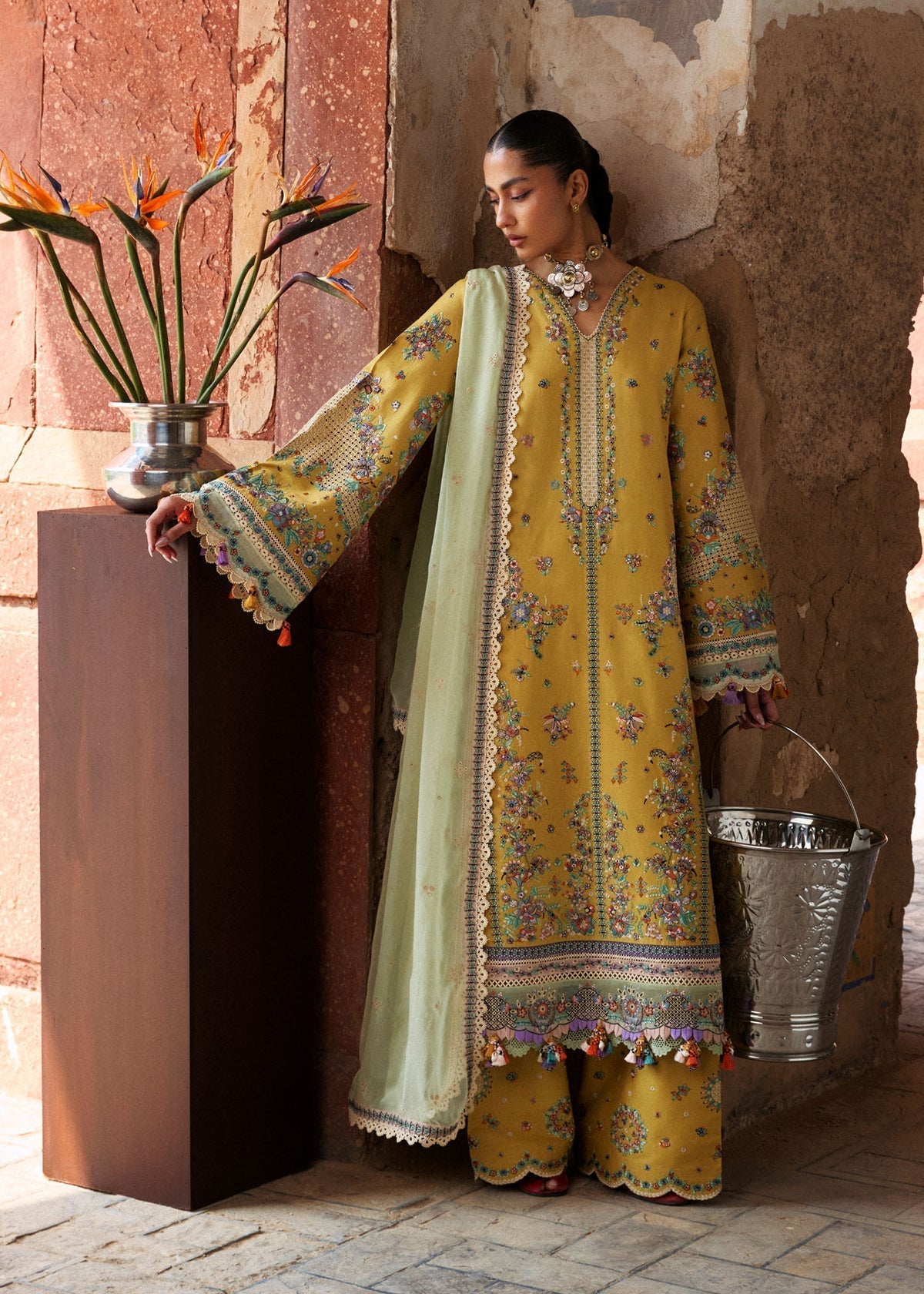 Hussain Rehar | Zan SS26 |Sari-Brand:Hussain Rehar-Type:Ladies Clothes-Mist Yellow-Lawn-House of Maryam- Buy in UK, USA