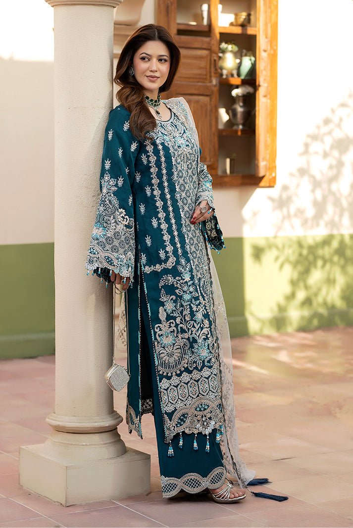 Imrozia Premium | Baad e Saba | I-267 Zarqash-Brand:Imrozia Premium-Type:Ladies Clothes-Dark Teal Blue-Organza-House of Maryam- Buy in UK, USA