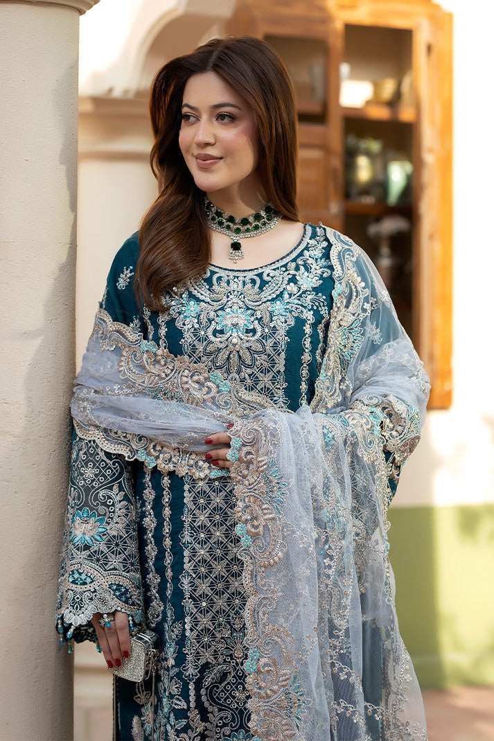 Imrozia Premium | Baad e Saba | I-267 Zarqash-Brand:Imrozia Premium-Type:Ladies Clothes-Dark Teal Blue-Organza-House of Maryam- Buy in UK, USA