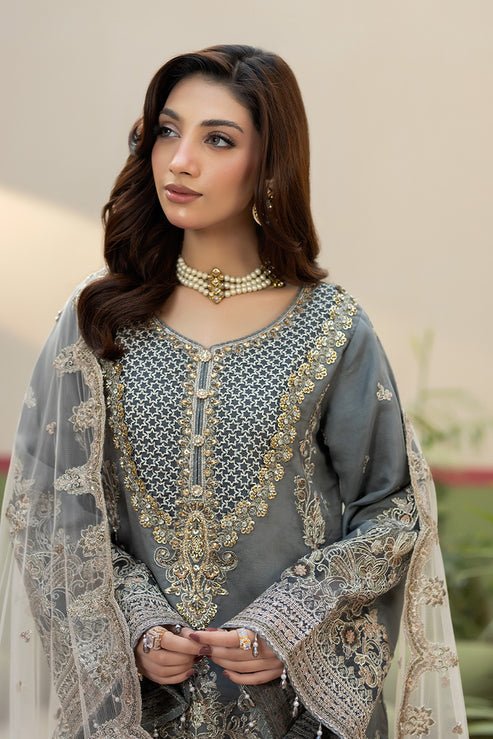 Imrozia Premium | Baad e Saba | I-269 Sukoon-Brand:Imrozia Premium-Type:Ladies Clothes-Steel Gray Hue-Organza-House of Maryam- Buy in UK, USA