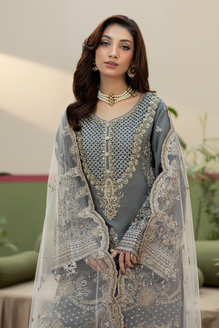 Imrozia Premium | Baad e Saba | I-269 Sukoon-Brand:Imrozia Premium-Type:Ladies Clothes-Steel Gray Hue-Organza-House of Maryam- Buy in UK, USA